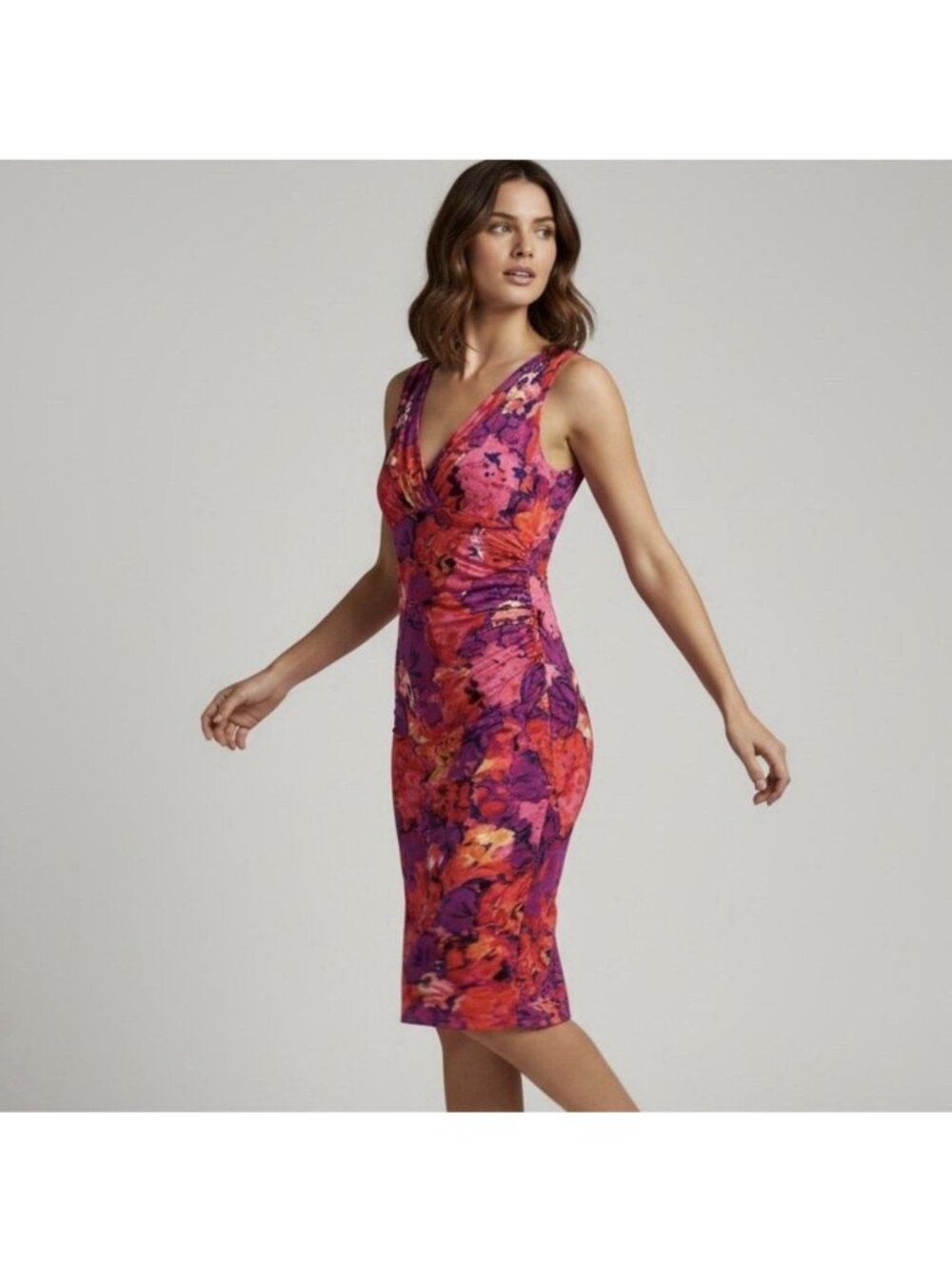 Ralph Lauren V Neck Pink Purple Orange Floral Knee Length Tank Dress 6 Small